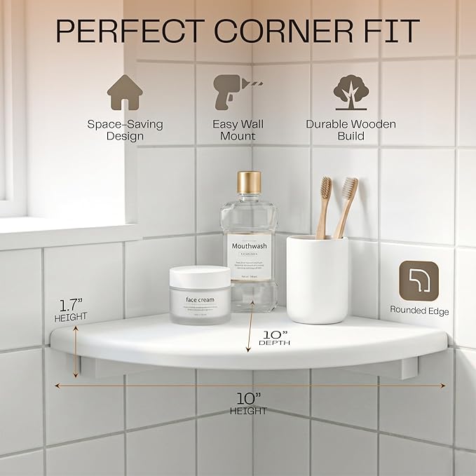 White Corner Floating Shelves for Wall Set of 4, Rounded Wood Wall Mounted Corner Shelf with Hardware, Space Saving Decorative Storage for Kids Room, Bathroom, Living Room, Office