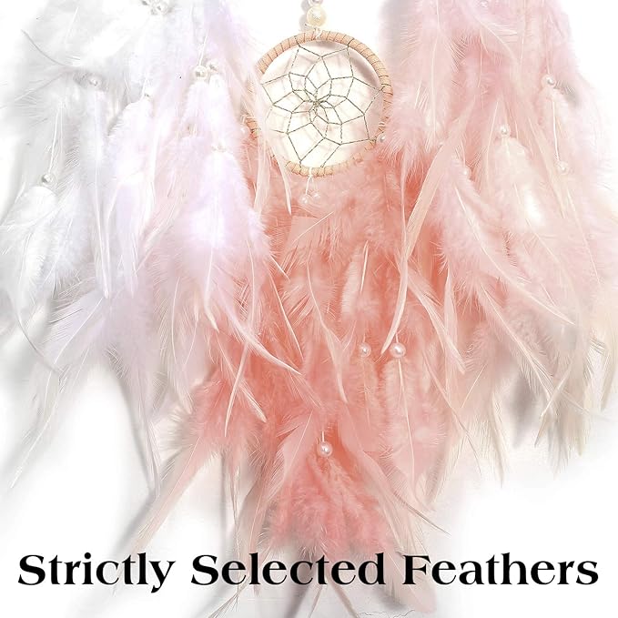 Dream Catcher for Girl Pink, Handmade Romantic Unique Dreamcatcher Beads and Feathers Wall Hanging Ornament Gift for Bedroom