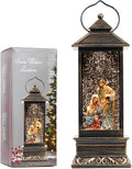 12" Christmas Snow Globe Lantern with Nativity - Water Swirling Glitter LED Light Lantern with Music - Vintage Xmas Gifts - USB Plug or Battery Operated Home Decor (Religious)
