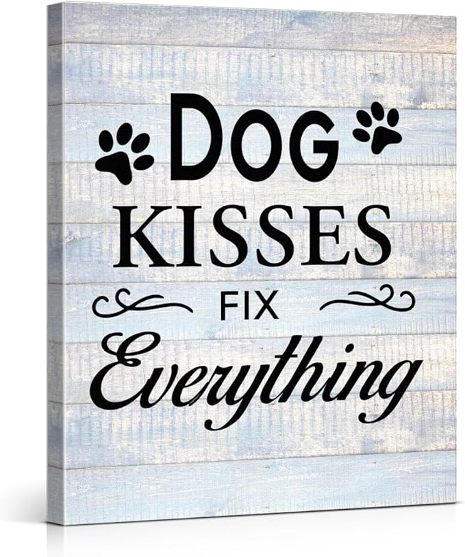 Funny Farmhouse Dog Canvas Wall Art Decor Dog Kisses Fix Everything Rustic Sign Painting Plaque Vintage Animal Pictures Print Home Decoration (8 X 10 Inches, Framed)