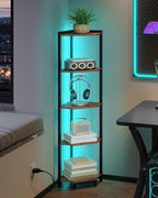 Hzuaneri Corner Shelf with LED Light, 5-Tier Corner Bookshelf, Tall Narrow Display Bookcase with Metal Frame, Standing Shelf for Small Space, Living Room, Home Office, Bedroom, Rustic Brown CS66501B