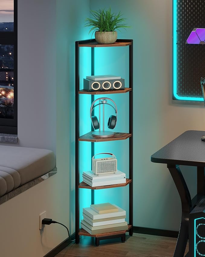 Hzuaneri Corner Shelf with LED Light, 5-Tier Corner Bookshelf, Tall Narrow Display Bookcase with Metal Frame, Standing Shelf for Small Space, Living Room, Home Office, Bedroom, Rustic Brown CS66501B