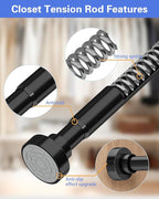 2 Pack No Drilling Closet Rods for Hanging Clothes, Non Slip Tension Rod with Heavy Duty Clothes Hanging Rod, 17-69 Inches Adjustable Spring Closet Rod for Closet Wardrobe Bathroom RV, Black