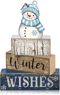 Lineshading 4 Pcs Snowman Christmas Table Decorations Blue and White Wooden Snowman Stacked Block Sign Gifts Winter Tiered Tray Decor Rustic Winter Table Centerpiece Farmhouse for Home Kitchen Shelf