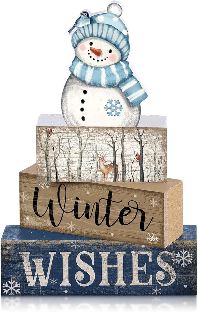 Lineshading 4 Pcs Snowman Christmas Table Decorations Blue and White Wooden Snowman Stacked Block Sign Gifts Winter Tiered Tray Decor Rustic Winter Table Centerpiece Farmhouse for Home Kitchen Shelf