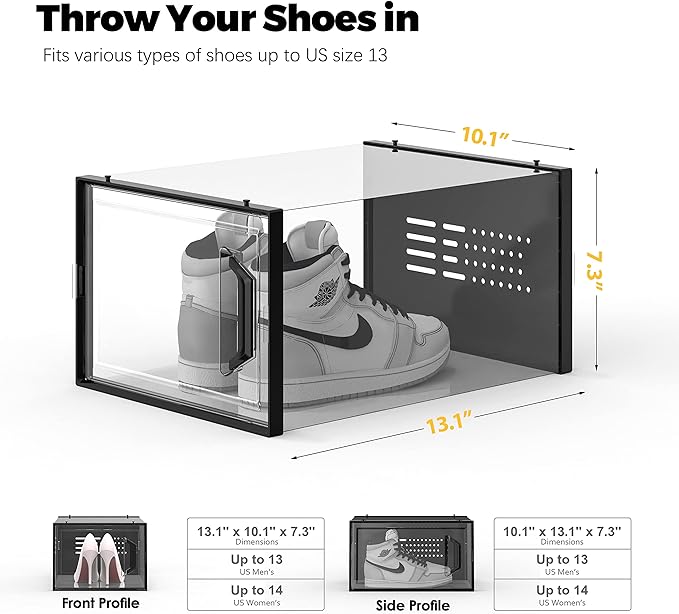SEE SPRING XX-Large Shoe Storage Box Fit Size 13, Clear Plastic Stackable Shoe Organizer for Closet, Space Saving Sneaker Shoe Rack Containers Bins Holders for Entryway, Under Bed, 12 Pack Black