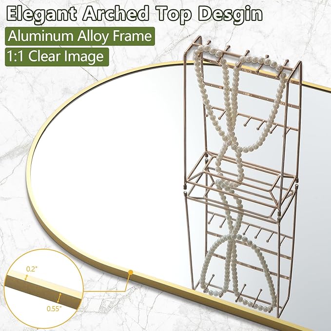 Prywot Arched Full Length Mirror, 70"x26" Free Standing Floor Mirror, Modern Full Body Mirrors with Stand, Wall Mirrors with Aluminum Alloy Frame for Bedroom,Living Room, Gold