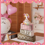 Yuntau 4 Pcs One Silly Goose Birthday Party Decoration Wood Silly Goose Table Sign Pink Baby Shower Tiered Tray Decor Tabletop Centerpieces for First Birthday Baby Shower Home Shelf Office
