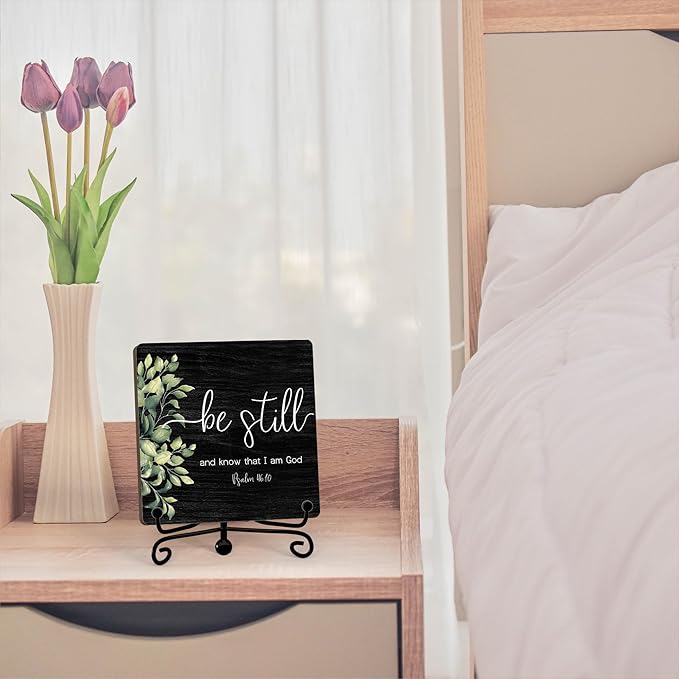 Inspirational Christian Desk Decor, Be Still And Know That I Am God Sign, Desk Decorations For Office Home Living Room Bathroom, Eucalyptus Shelf Decor, Wooden Plaque With Stand (01)