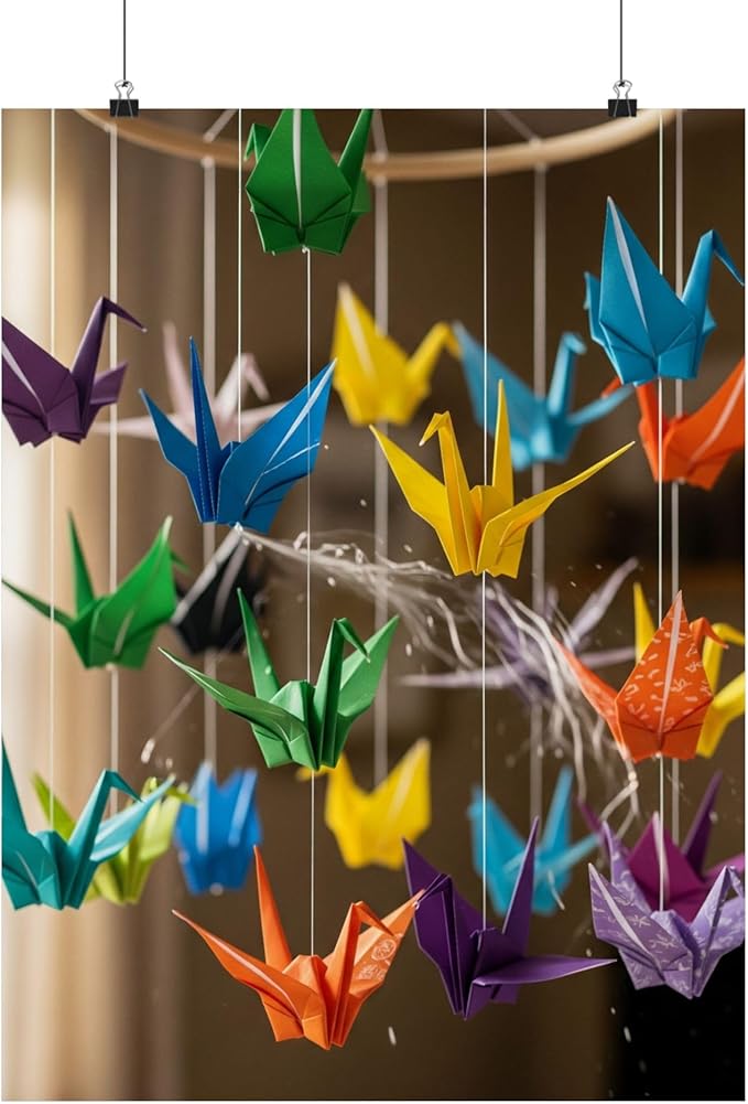 A Colorful Origami Crane Mobile Spinning in Soft Wind - Made in USA