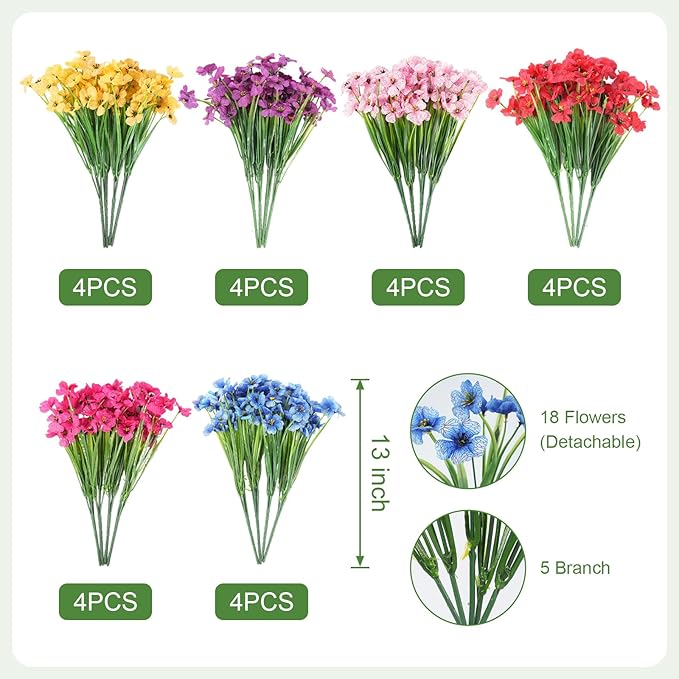24 Bundles Artificial Flowers for Outdoor Faux Plants for Spring Summer Decoration, UV Resistant Realistic Silk Plastic Fake Flowers Garden Porch Patio Balcony Yard Front Home Decor