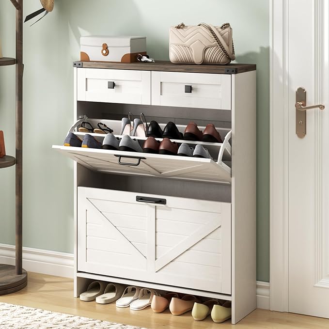 Shoe Cabinet with 2 Flip Drawers & 2 Drawers,Farmhouse Shoe Storage Cabinet for Entryway,Slim Freestanding Narrow Organizer Rack for Front Door Entrance,White