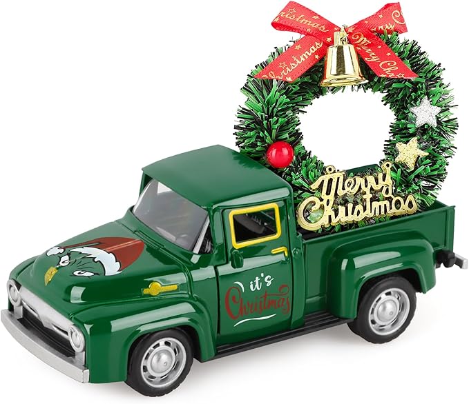 Christmas Vintage Green Truck Decor with Car Wreath Green Truck Vintage Home Tiered Tray Decor for Christmas Tables Home Kitchen Mantel Shelf Bookshelf Coffee Mini Trucks Decorations