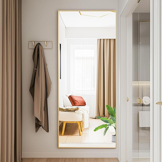 DUMOS 19"x58" Full Length Mirror with Stand, Floor Standing Aluminum Frame, Shatter-Proof Nano Glass for Bedroom, Living Room, Cloakroom – Modern Simple Home Decor,Can Be Hanging or Leaning, Gold