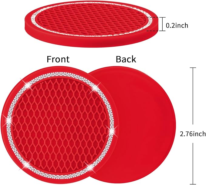 COCASES Car Coasters, 4 Pack Vehicle Bling Car Coaster, Universal Rhinestone Coaster for Cup Holders, Car Interior Accessories Silicone Car Coasters for Women(2.75'' Red, White Crystal Circle)