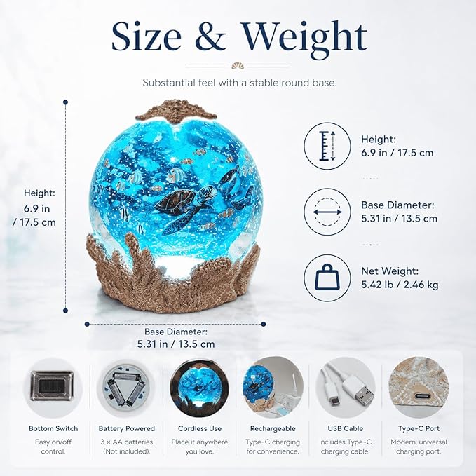 Starfish Night Light Ocean Decoration with 6H Timer, USB & Battery Powered, Rotating Ocean Scene Star Fish Snow Globe with Sea Turtle and Fish for Kids Adults Bedroom Living Room Decor (Starfish)