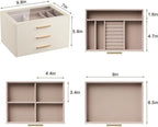 pickpiff Jewelry Box Organizer Case for Women: 3-Layer Jewelry Storage Case with Glass Window, Ivory Leather with Pink Velvet, Holder for Ring Necklace Bracelet Brooch Watch, Great Gift for Her