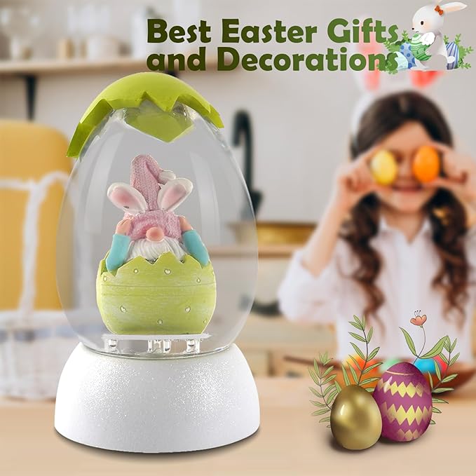 Gnome Easter Snow Globe, Easter Bunny Snow Globe Eggs Spring Decor with Swirling Glitter, 6H Timer, USB or Battery Powered, Hear No Evil Gnome Snowglobe for Tabletop Decor Gift 7.4 Inch (Green)