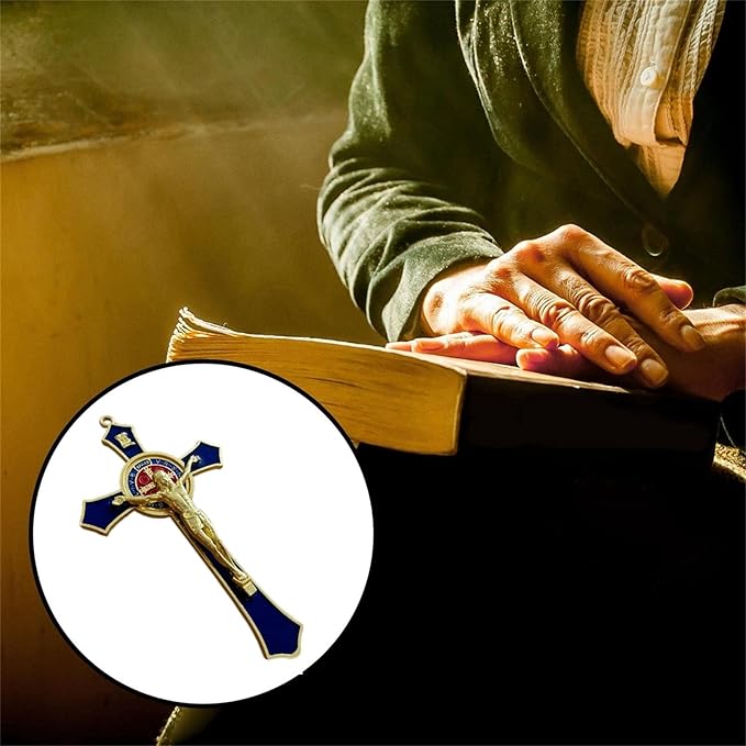 Bovemee Saint Benedict Benedictine Red Enamel 4.7X2.7 Inch Protection Wall Crucifix Cross Catholic San Benito Medalla Prayer Decoration (Blue)