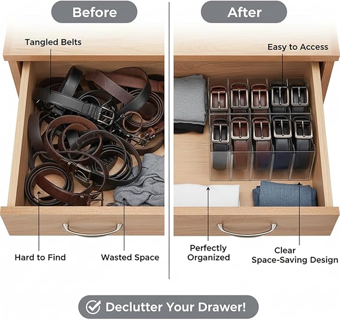 Belt Organizer 2pack,Acrylic Belt Organizer for Closet with Removable Dividers - 5 Compartments & Handles Drawer organization and storage for Purse,underwear, Socks, and Ties (2)