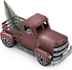 Metal Truck Decor with Handcrafted Flowers Tree, Vintage Farm Pickup Farmhouse Tabletop Tiered Tray Decor, Rustic Farmhouse Decor for Table Top Decor Home Kitchen(Wine Red)
