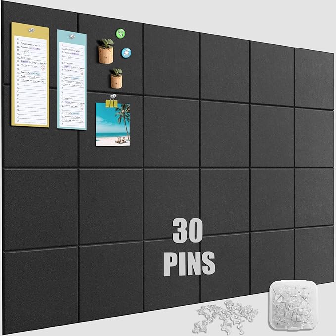Large Felt Cork Board Alternative - 36" x 24" Black Bulletin Board with 30 Pushpins, 6 Pack Adhesive Cork Board, Sound Absorbing Fabric Wall Tiles, for Office Home Music Class
