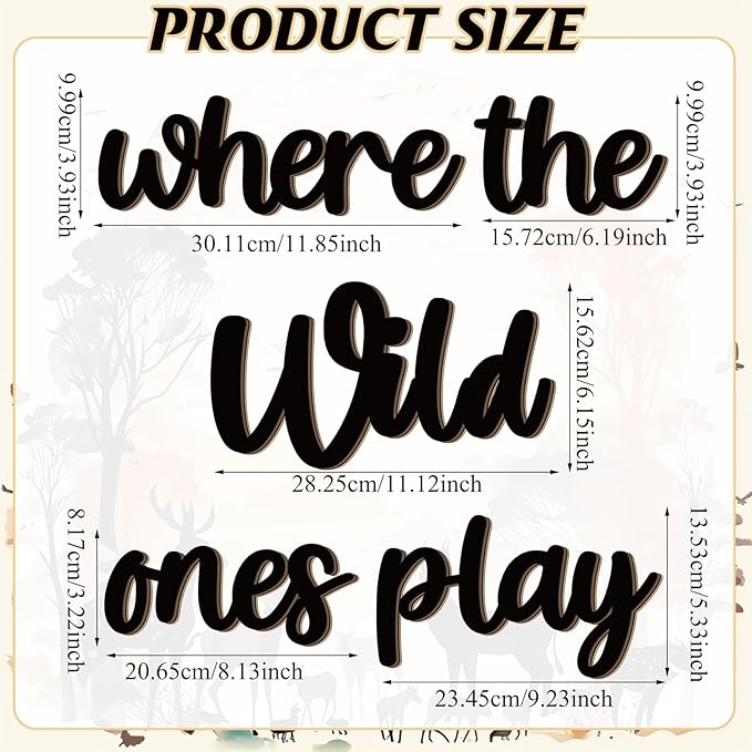 Kigley 5 Pcs Playroom Wall Decor 15.4" x 18" 3D Where The Wild Ones Play Nursery Sign Wooden Wall Art Decoration for Kids Toddler Room Decor Boys and Girls Kindergarten Bedroom Word Sign (Black)
