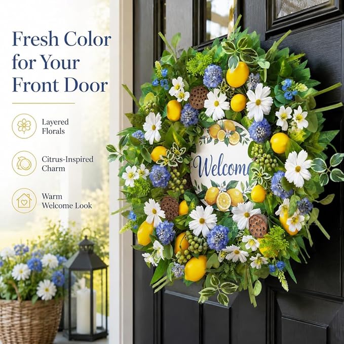 Spring Summer Wreaths for Front Door 24 Inch,Summer Wreath with Artificial Lemon,Daisy,Hydrangea & Lotus Pods,Door Wreath for Indoor Outdoor Farmhouse Home Decor