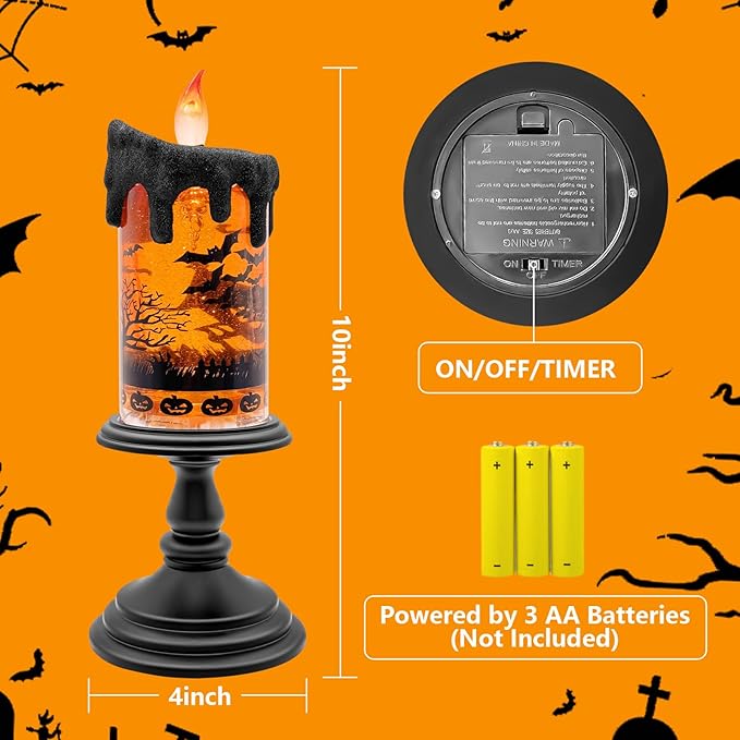 Halloween Snow Globe Flameless Candle – Lighted Halloween Glitter Lantern with Spinning Water and Timer, Pumpkin & Bat Scene Halloween Decor for Home, Party, Table Centerpiece