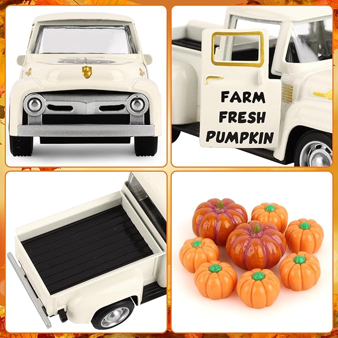 Fall Pumpkin Metal Truck Fall Home Kitchen Decorations with 8 Pcs Plastic Pumpkin, Vintage Farmhouse Tabletop Tiered Tray Decor for Summer Home Kitchen Mantel Shelf Bookshelf Mini Truck Decor