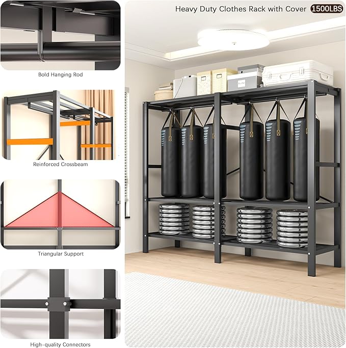Heavy Duty Portable Closet with Cover Magnetic Doors, Metal Rolling Clothes Rack Heavy Duty 1500LBS, Foldable Clothing Rack, Garment Racks for Bedroom/ LivingRoom/ Rental (KT Woodgrain Black, 59.05in)