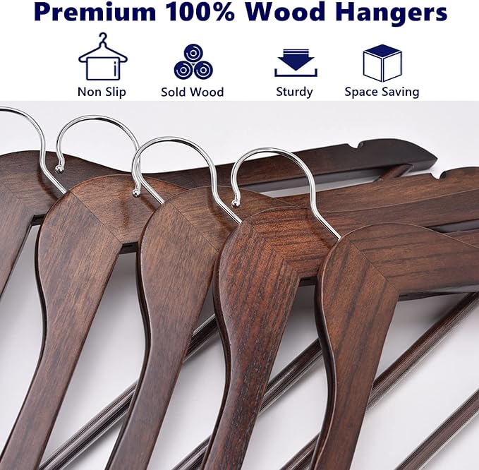 Amber Home 30 Pack Walnut Wooden Coat Hangers, Vintage Wood Suit Hangers with Non-Slip Pant Bar, Clothes Hangers for Closet Organization, Shirts, Jackets, Dresses, and Pants (Retro, 30)