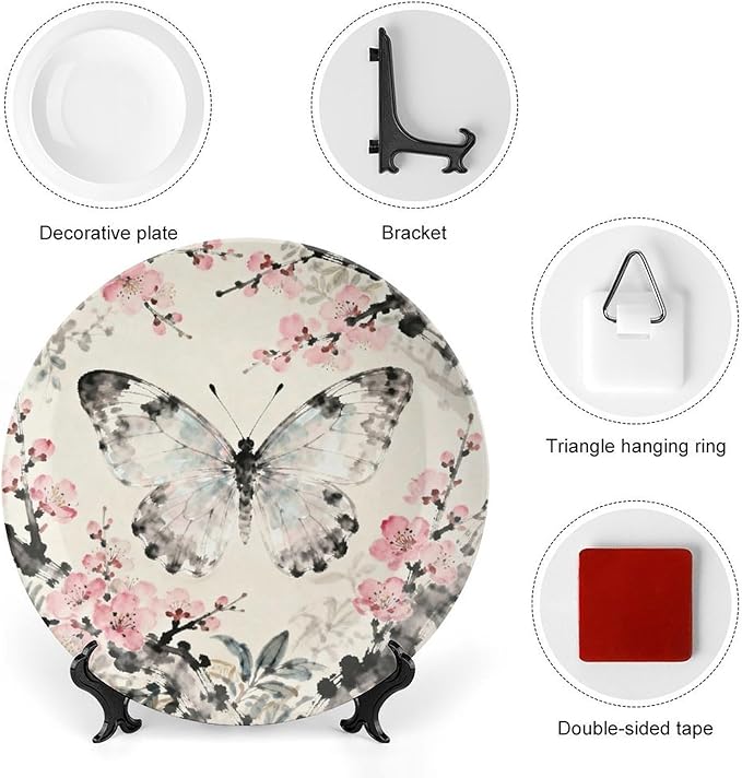 Customize Gifts Plates Ceramic, William Morris Pink Floral And Butterflies Porcelain Dessert Plate Set Household with Display Stand, Rustic Decor for Kitchen Art Decoration Festival, 6", 7", 8", 10"