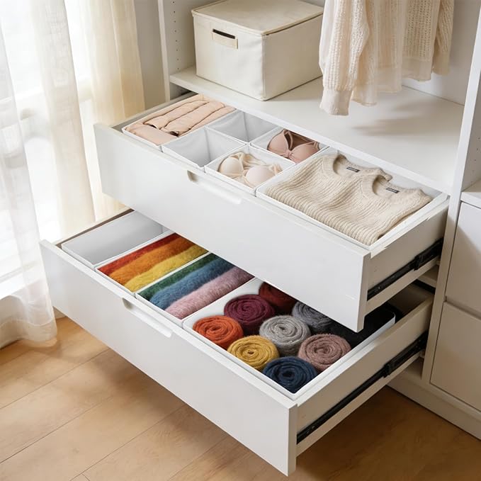 Drawer Organizer Clothes, 16 Pack Dresser Organizer Bins, Foldable Closet Organizers and Storage Fabric Dresser Bins, Shallow Drawer Dividers for Clothing, Underwears, Socks, Tie