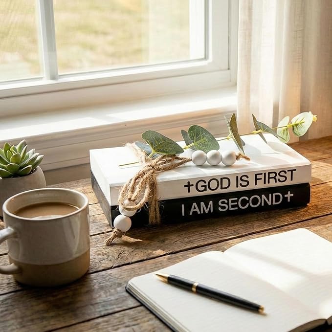 2 Pieces Wooden Decorative White Books, Rustic Farmhouse Faux Books for Coffee Table Shelves with Wood Bead Tassels and Leaves, 7'x 4.6'x 2.5' (God is First, I'm Second)