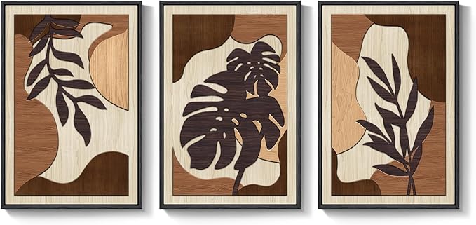 Framed 3D Wood Wall Art Decor for Living Room, 3 Piece Large Boho Tropical Textured Artwork for Walls, Botanical Wooden Wall Art for Dining Room Hallway Bedroom, 24x36 Inch