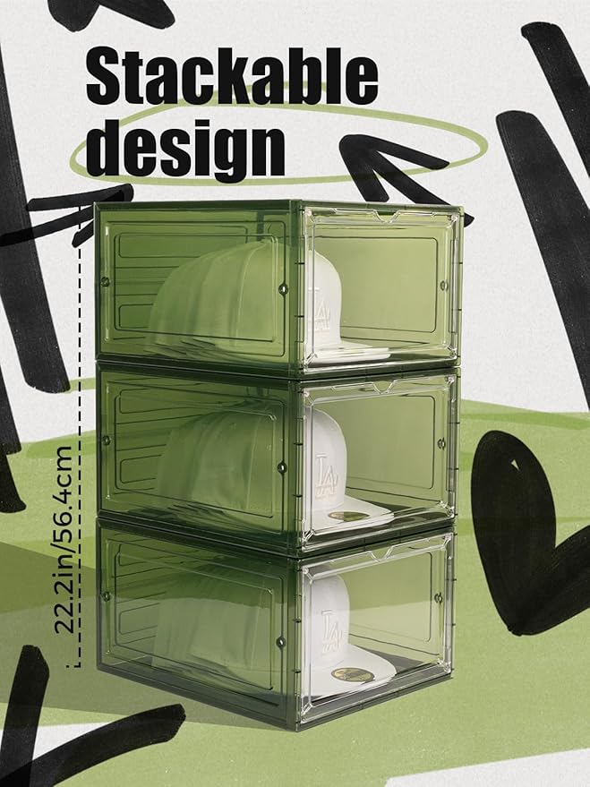 6 Pack Hat Organizer Box, Stackable Clear Baseball Caps Holder Box Containers with Magnetic Door for Hats Snapback Cap Storag, Hat Rack Display Case, Holds 8 Hats Each (Green)