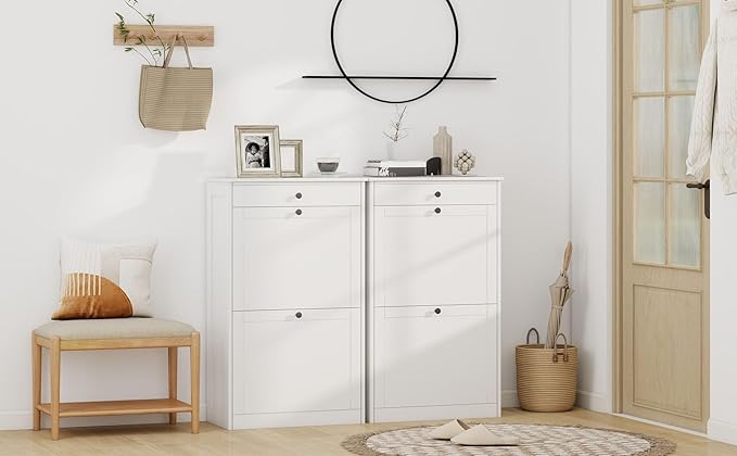 Shoe Cabinet with 2 Flip Drawers Set of 2, Small Wood Modern Shoe Organizer with Adjustable Shelf, Narrow Freestanding Hidden Shoe Cabinet Storage for Entryway, Hallway, Living Room, White