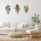 Artificial Hydrangea Teardrop Swag Hanging Floral Spring Swag Wreath with Willow Leaves Fake Plant Ivy Branch for Front Door Wedding Arch Window Wall Decor(Red)