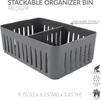 Simplify 3 Compartment Stackable Bin with Adjustable Dividers | Drawer Organizer | Storage Basket | Good for Office | Desk Supplies | Dorm | Bathroom | Accessories | Make Up | Grey