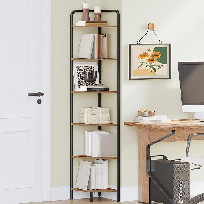 Hzuaneri Corner Shelf Stand, Corner Bookshelf, Plant Shelf, Corner Display Rack, Standing Shelf with Metal Frame for Living Room, Bathroom, Kitchen, Industrial Style, 6 Tier Rustic Brown CS06601B