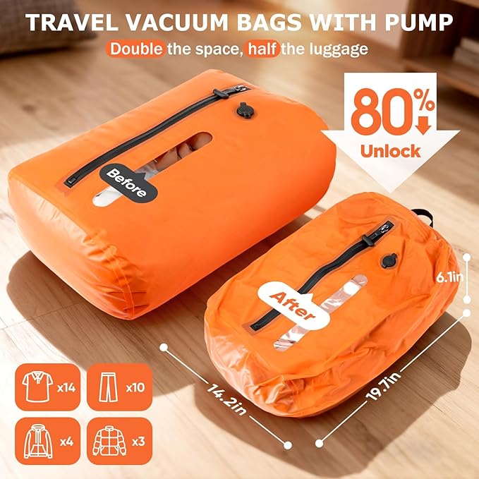 Vacuum Bags for Travel with Pump, Reusable Vacuum Compression Bags, IP68 Waterproof Space Saver Storage Bags for Clothes, Backpack, Luggage & Suitcase, Lightweight Travel Organizer (2PC + Pump)
