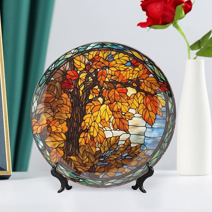 Autumn Decorative Plates, Stained Glass Design Autumn Tree Display Plate for Home Office Kitchen Table Decor Porcelain Plates 10 Inch, Thanksgiving Gifts