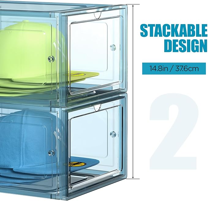 Hat Organizer Box, Stackable Clear Baseball Caps Holder Box Containers with Magnetic Door for Hats Snapback Cap Storag, Hat Rack Display Case, Holds 8 Hats Each (Blue, 2 Pack)