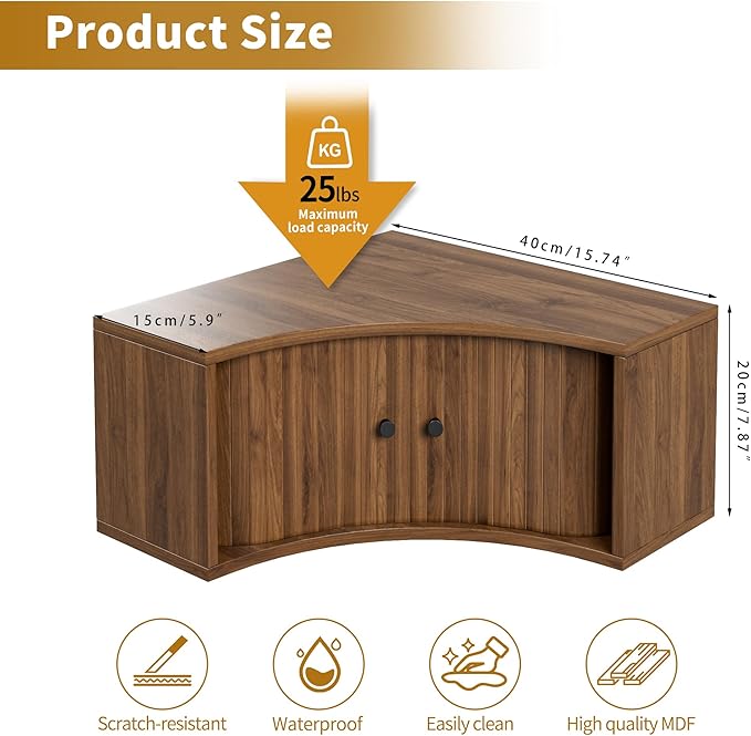 Corner Shelves Wall Cabinet Set of 3, Floating Corner Shelf Organizer with Sliding Doors, Fluted Wall Cabinet for Living Room, Bedroom, Office, Small Space, Walnut (recessed, 15.74")
