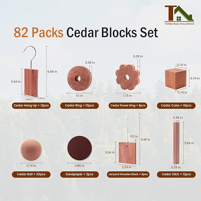 Cedar Blocks for Clothes Storage, Natural Cedar Wood Sachets, Balls & Rings for Closets and Drawers, 100% Natural & Fresh Scented Wardrobe Organizer, 82 Pack