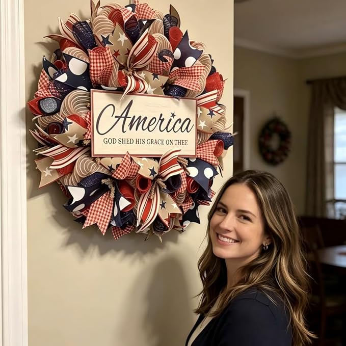 4th of July Decorations Outdoor Patriotic Wreaths for Front Door 250th Anniversary Decorations Red White and Blue American Flag Wreath (America 1)