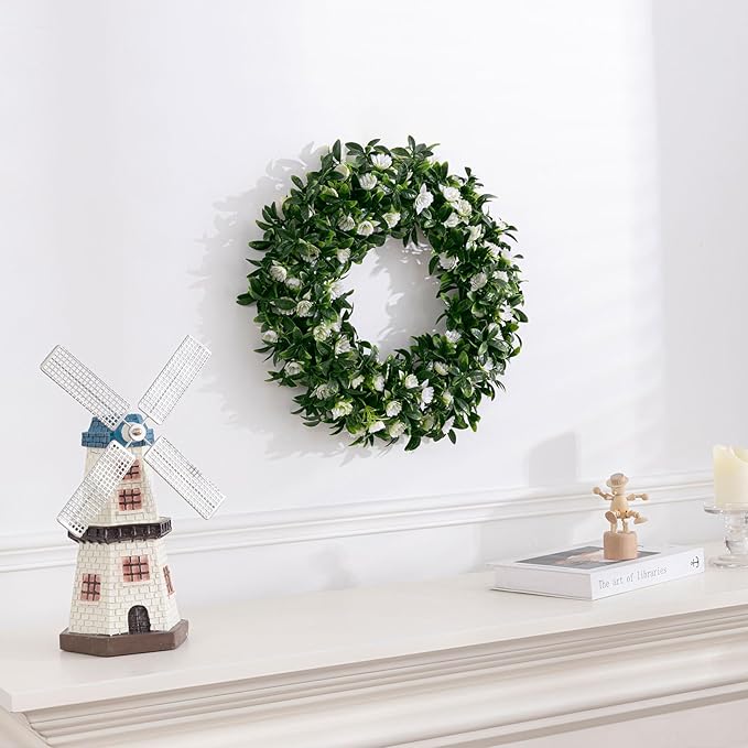 SHACOS Greenery Wreath 15" Artificial Front Door Wreaths Green Wreath with White Flowers for Home Wall Window Farmhouse Decoration 100% Plastic Indoor Outdoor
