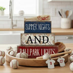 Lineshading 4 Pcs Baseball Decorations Stacked Wooden Blocks Signs with Bat Topper, Summer Nights Ballpark Lights Decor - Baseball Table Decor Ideal Gift for Fans Boys Room Party Coffee Shelf