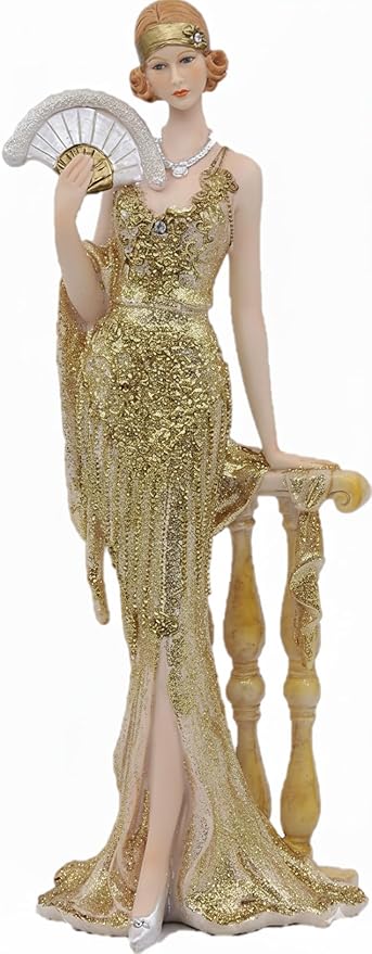 Comfy Hour 13" Glamour Elegance Victorian Art Figurine, Camille Lady with Fan Statue, Roaring 20s Art Deco Style Home Decor Accent, Polyresin Artisan Crafted Sculpture, 1 Unit (Gold)